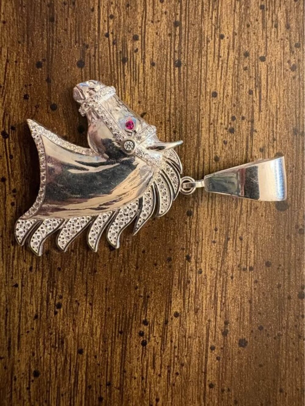 Silver 925 Horse Head Pendant with Rhinestones and Ruby-Colored Eye